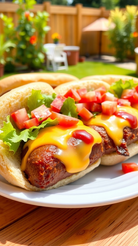 Cheesy burger dogs in toasted buns topped with lettuce and tomatoes, served on a plate.